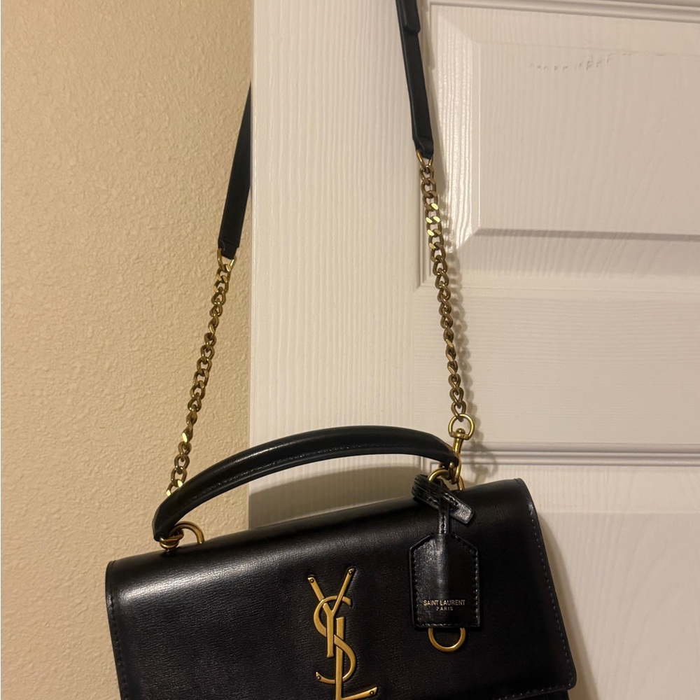 Saint Laurent Black Leather Shoulder Bag with Gold Chain